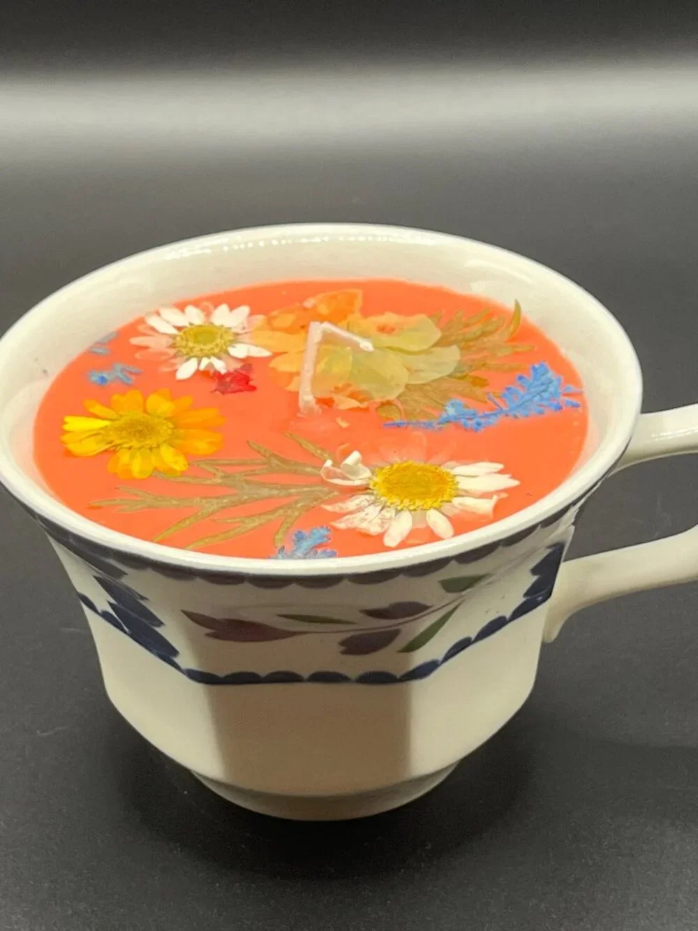 Coral Floral Soy Candle in Faceted Ceramic Teacup with Blue Botanical Border